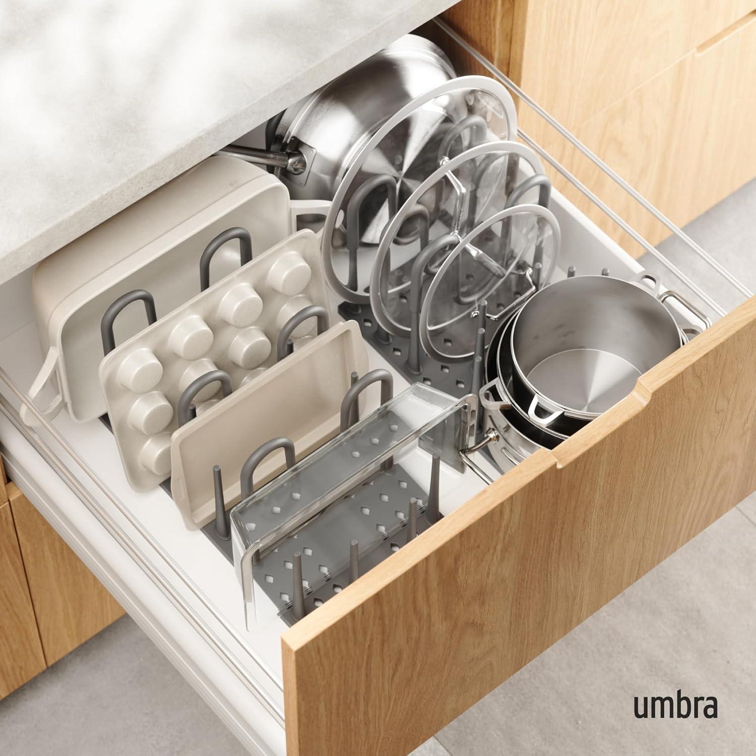 image:imagePeggy Kitchen Drawer Cupboard Organizer Tray Adjustable Storage System For Food Containers Cookware Serveware Utensils and More Large GreyGrey