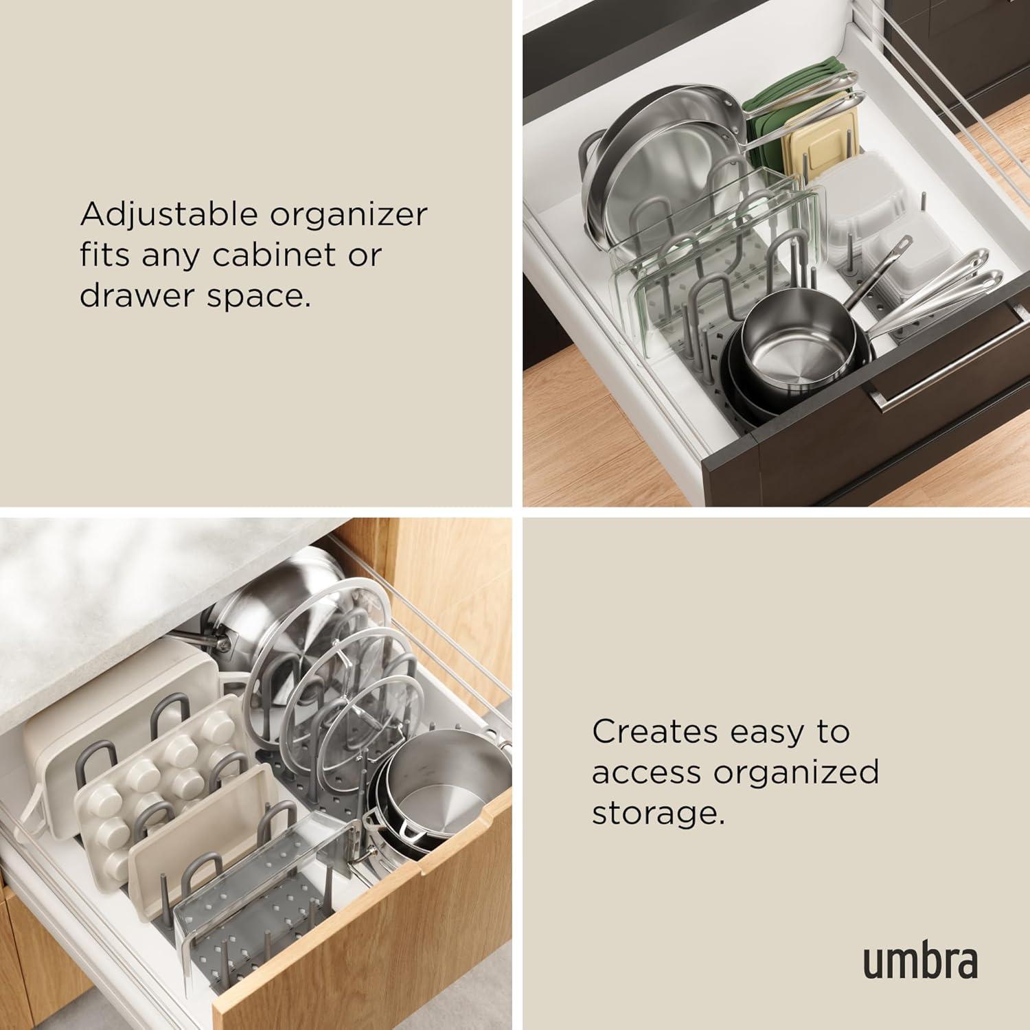 image:imagePeggy Kitchen Drawer Cupboard Organizer Tray Adjustable Storage System For Food Containers Cookware Serveware Utensils and More Large GreyGrey