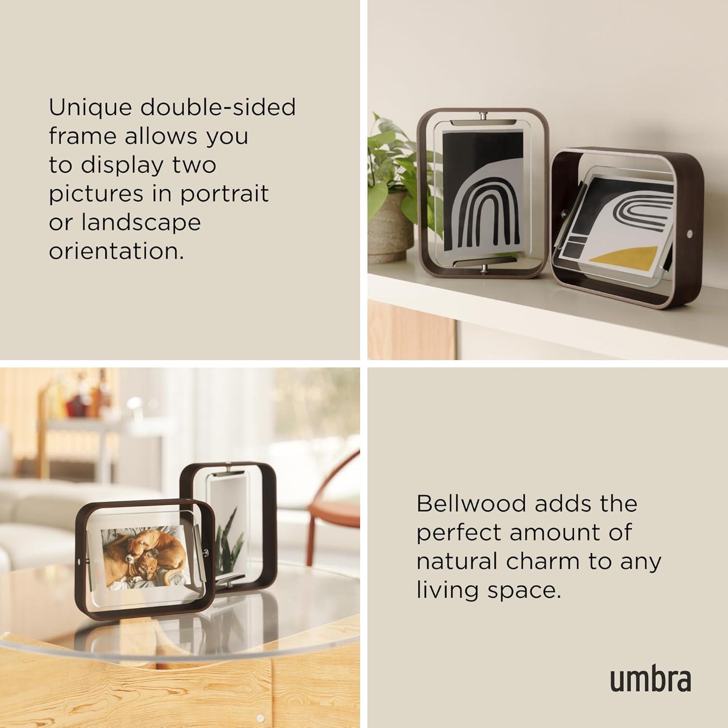 image:imageUmbra Bellwood 4x6 Desk Picture Frame Double Sided Rotating Wooden Photo Frame with 360Degree Pivot Tabletop Display for Portrait or Landscape Photos BlackAged Walnut