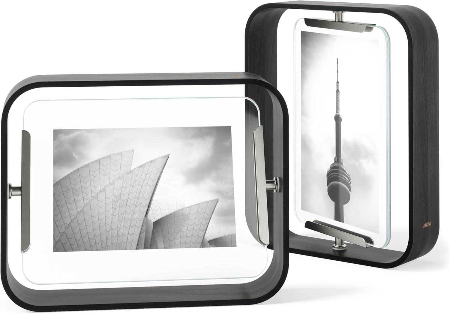 image:imageUmbra Bellwood 4x6 Desk Picture Frame Double Sided Rotating Wooden Photo Frame with 360Degree Pivot Tabletop Display for Portrait or Landscape Photos BlackBlack