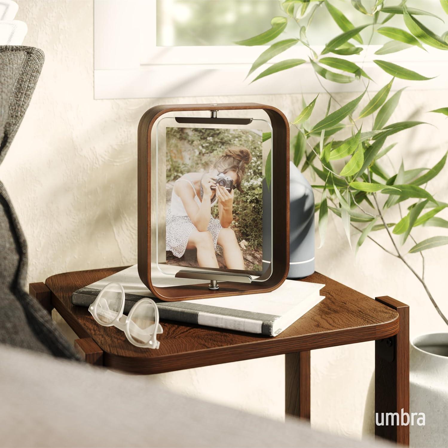 image:imageUmbra Bellwood 4x6 Desk Picture Frame Double Sided Rotating Wooden Photo Frame with 360Degree Pivot Tabletop Display for Portrait or Landscape Photos BlackAged Walnut