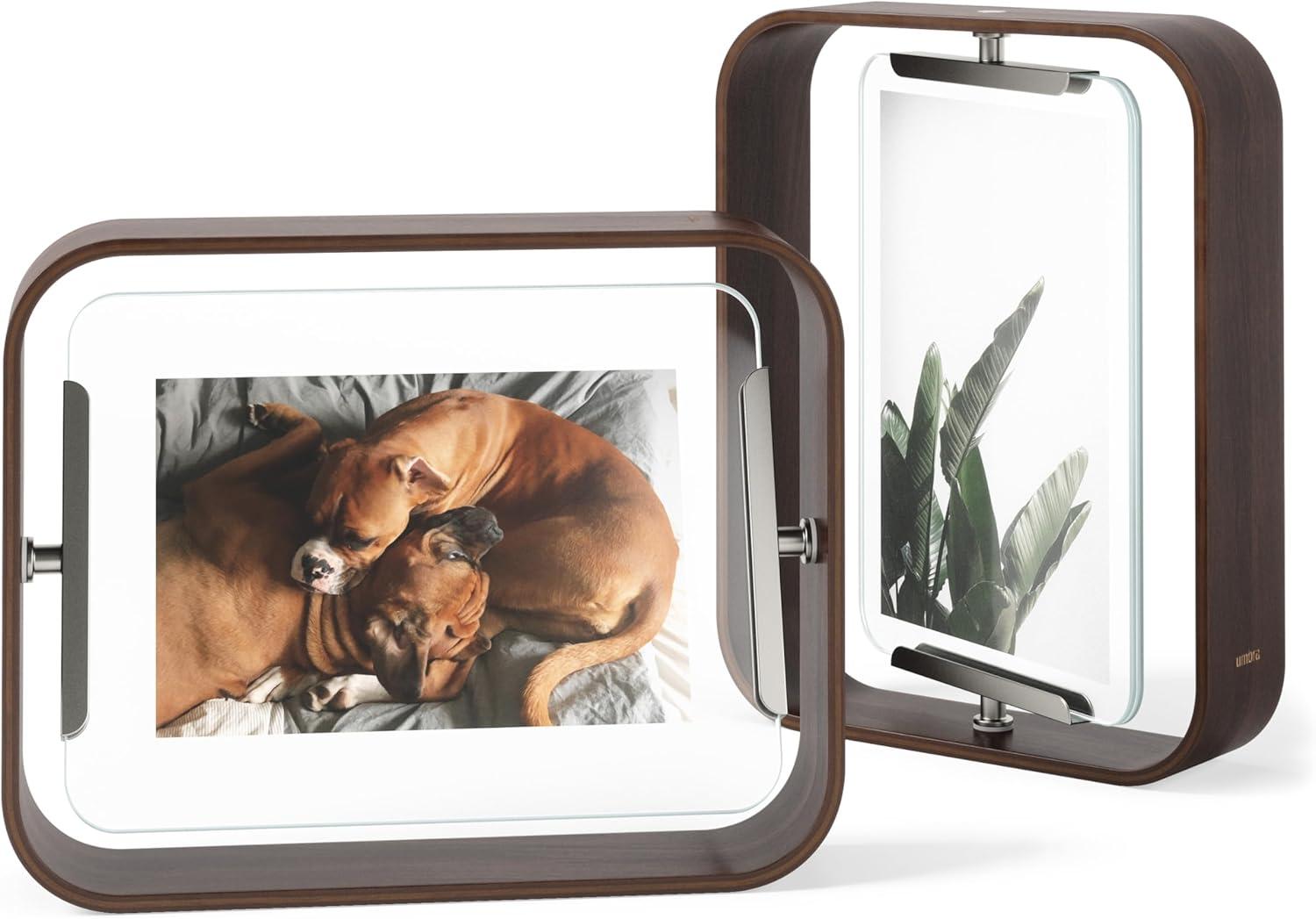 image:imageUmbra Bellwood 4x6 Desk Picture Frame Double Sided Rotating Wooden Photo Frame with 360Degree Pivot Tabletop Display for Portrait or Landscape Photos BlackAged Walnut