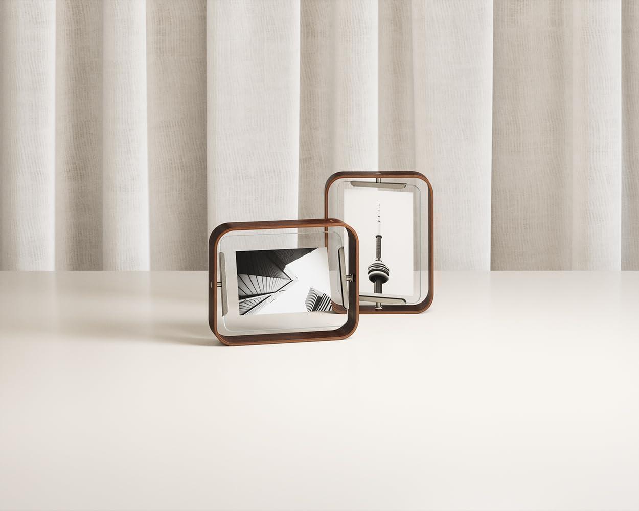 image:imageUmbra Bellwood 4x6 Desk Picture Frame Double Sided Rotating Wooden Photo Frame with 360Degree Pivot Tabletop Display for Portrait or Landscape Photos BlackAged Walnut