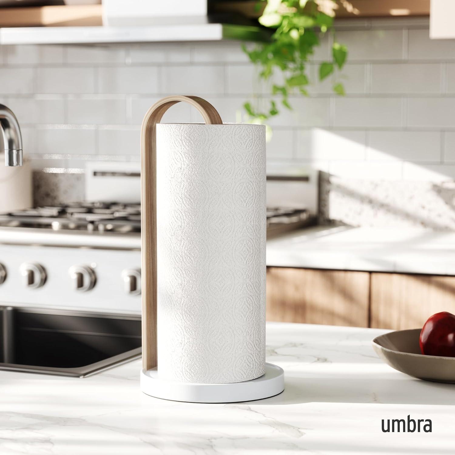 image:imageUmbra Bellwood Paper Towel Holder for Kitchen Countertop with Real Wood Stand and Weighted Metal Base WhiteNaturalWhiteNatural
