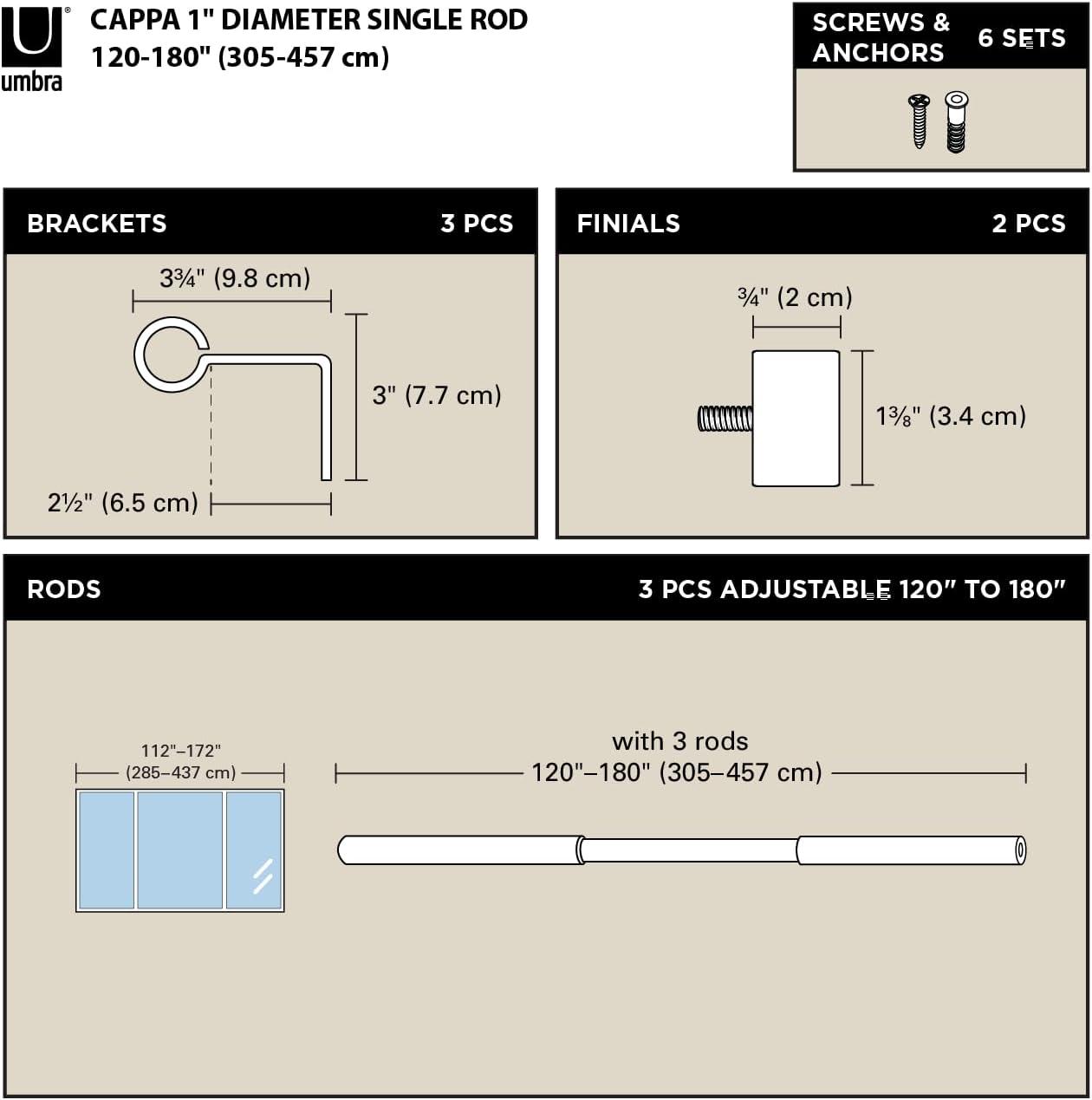 image:imageUmbra Cappa Curtain Rod Includes 2 Matching Finials Brackets amp Hardware 36 to 66Inches GoldNickel