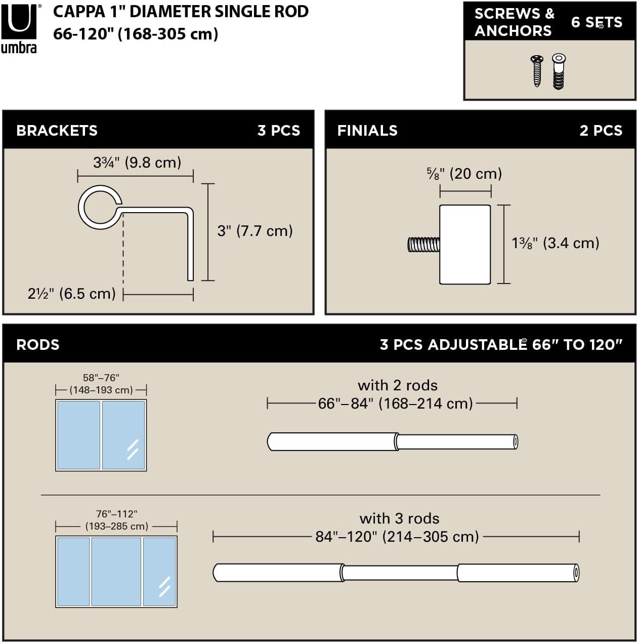 image:imageUmbra Cappa Curtain Rod Includes 2 Matching Finials Brackets amp Hardware 36 to 66Inches GoldNickel