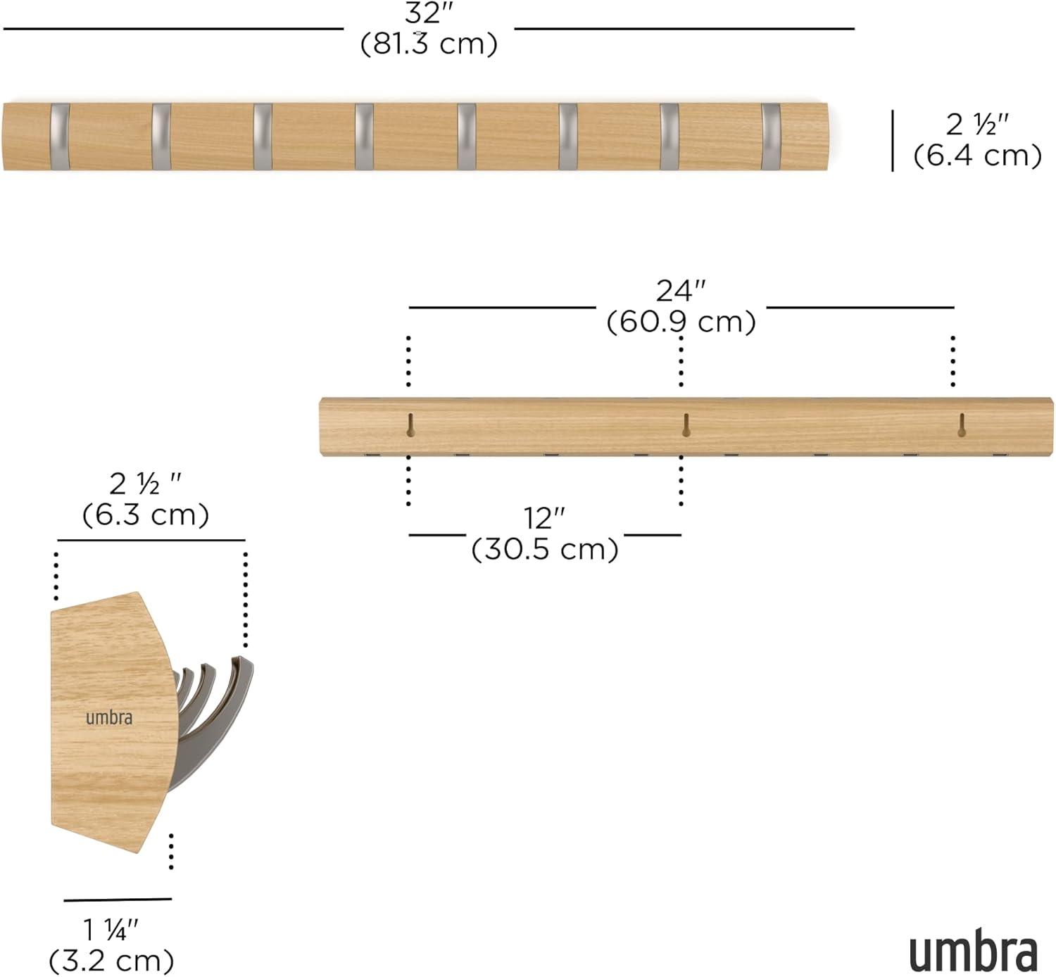 image:imageUmbra Flip WallMounted Coat Rack with 3 Hooks Modern SpaceSaving Storage for Hats Jackets Bags Entryway Mudroom Closet Bathroom Bedroom NaturalNickelNaturalNickel