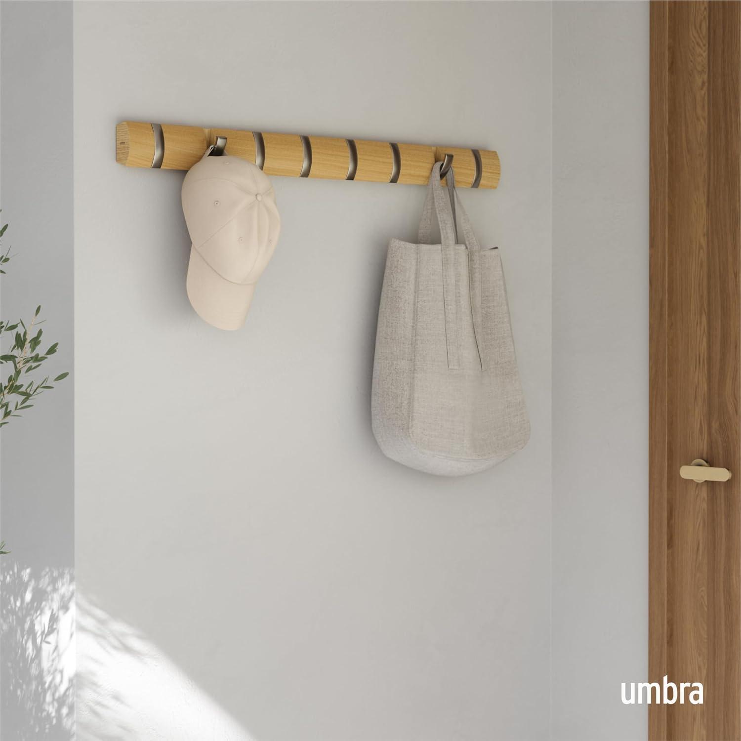 image:imageUmbra Flip WallMounted Coat Rack with 3 Hooks Modern SpaceSaving Storage for Hats Jackets Bags Entryway Mudroom Closet Bathroom Bedroom NaturalNickelNaturalNickel