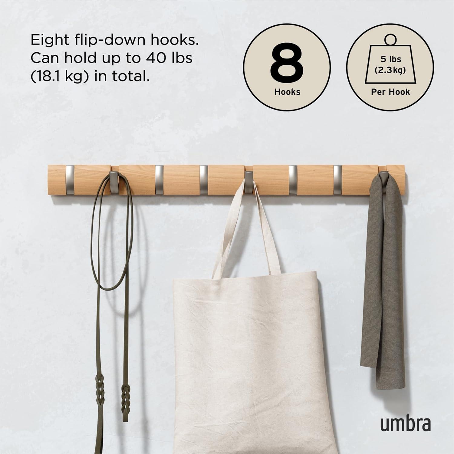 image:imageUmbra Flip WallMounted Coat Rack with 3 Hooks Modern SpaceSaving Storage for Hats Jackets Bags Entryway Mudroom Closet Bathroom Bedroom NaturalNickelNaturalNickel