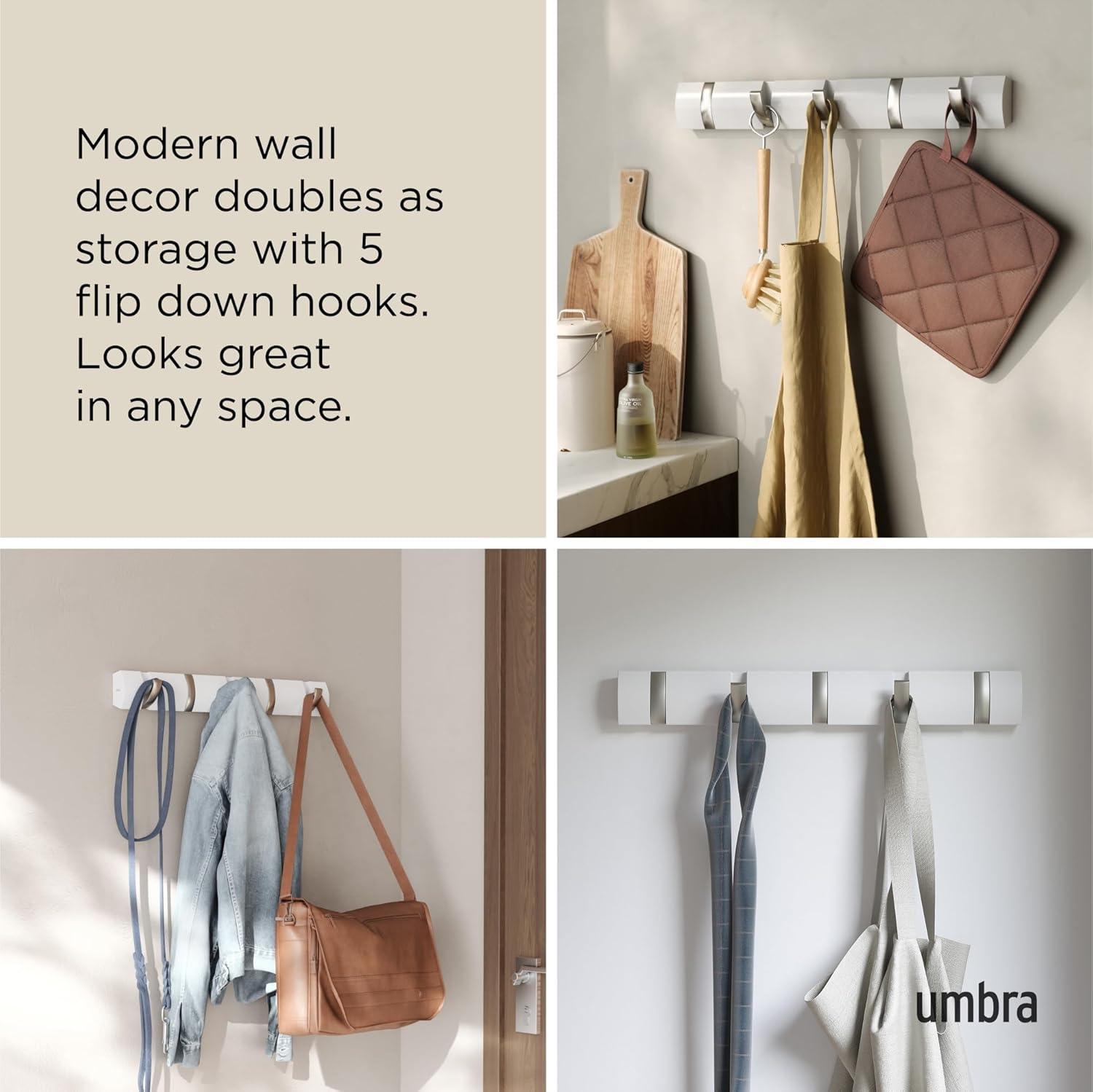 image:imageUmbra Flip WallMounted Coat Rack with 3 Hooks Modern SpaceSaving Storage for Hats Jackets Bags Entryway Mudroom Closet Bathroom Bedroom NaturalNickelWhiteNickel