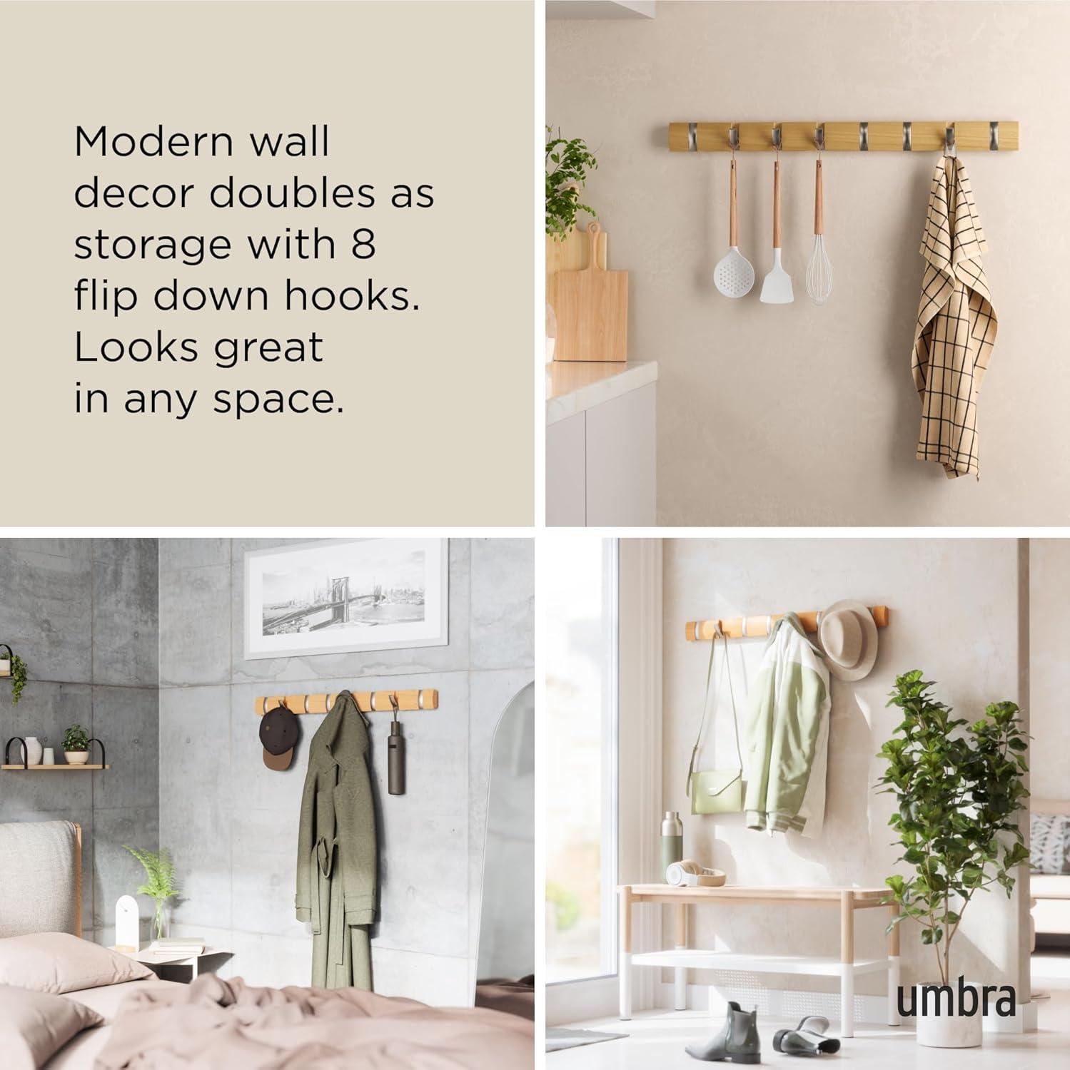 image:imageUmbra Flip WallMounted Coat Rack with 3 Hooks Modern SpaceSaving Storage for Hats Jackets Bags Entryway Mudroom Closet Bathroom Bedroom NaturalNickelNaturalNickel