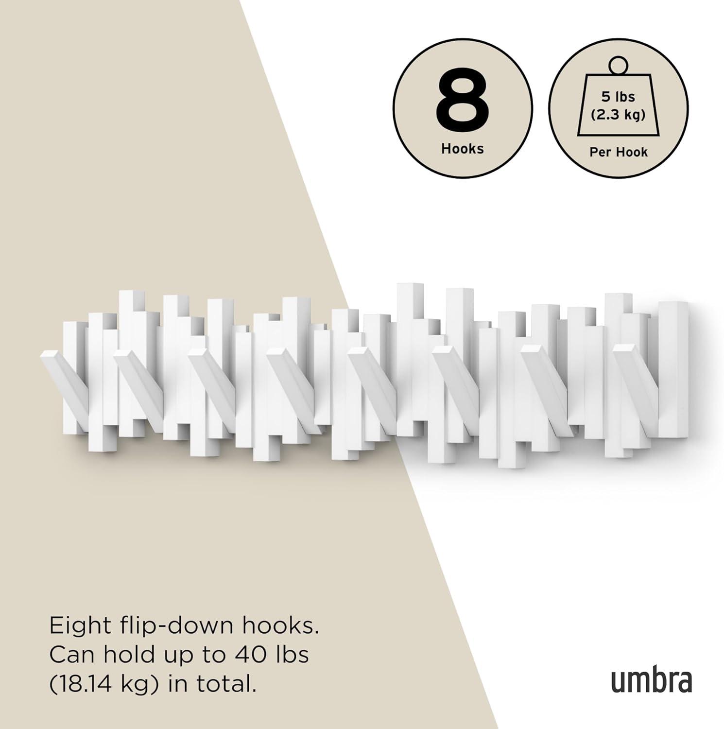 image:imageUmbra Sticks WallMounted Coat Rack Rail Hook with 8 Retractable Pegs Modern SpaceSaving Storage Organizer WhiteWhite