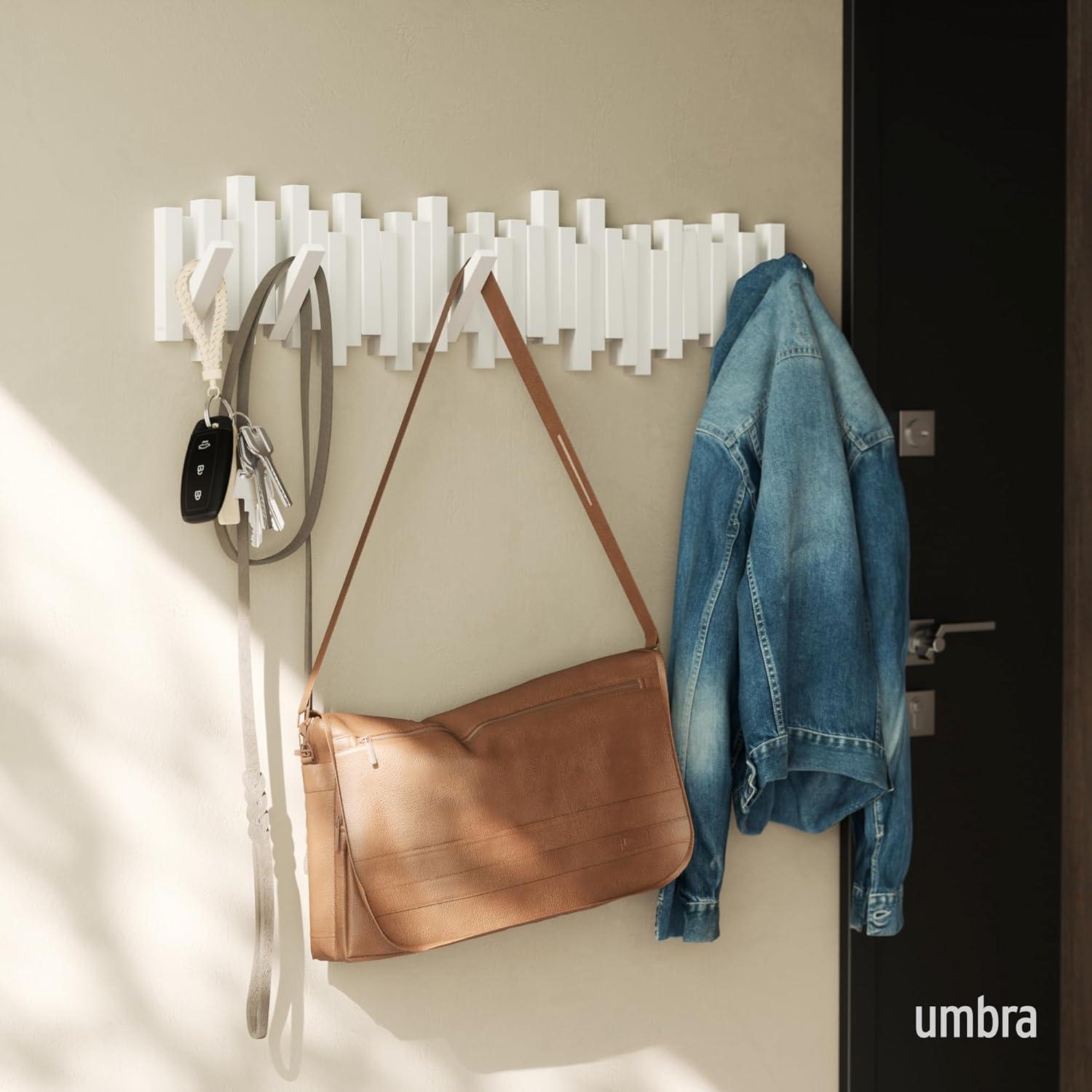 image:imageUmbra Sticks WallMounted Coat Rack Rail Hook with 8 Retractable Pegs Modern SpaceSaving Storage Organizer WhiteWhite