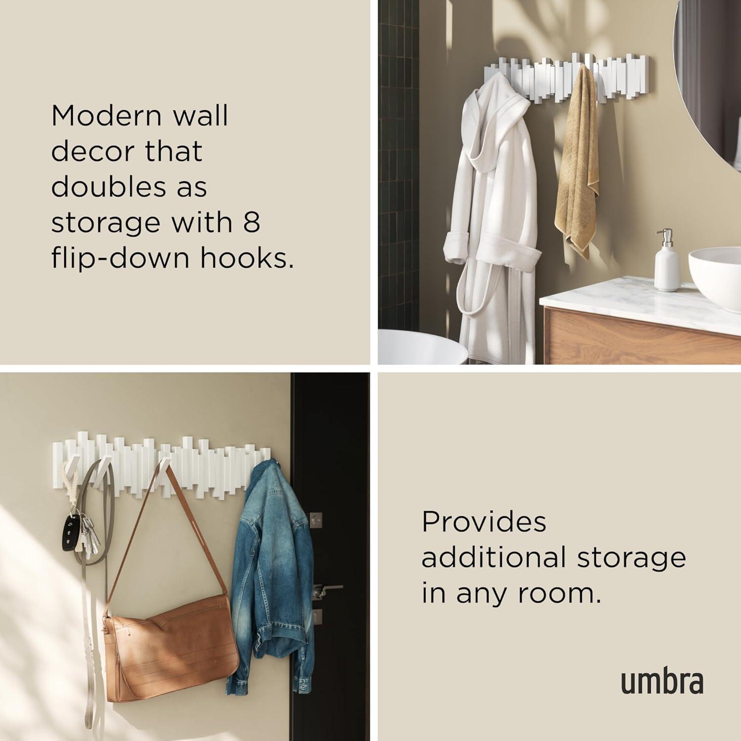 image:imageUmbra Sticks WallMounted Coat Rack Rail Hook with 8 Retractable Pegs Modern SpaceSaving Storage Organizer WhiteWhite