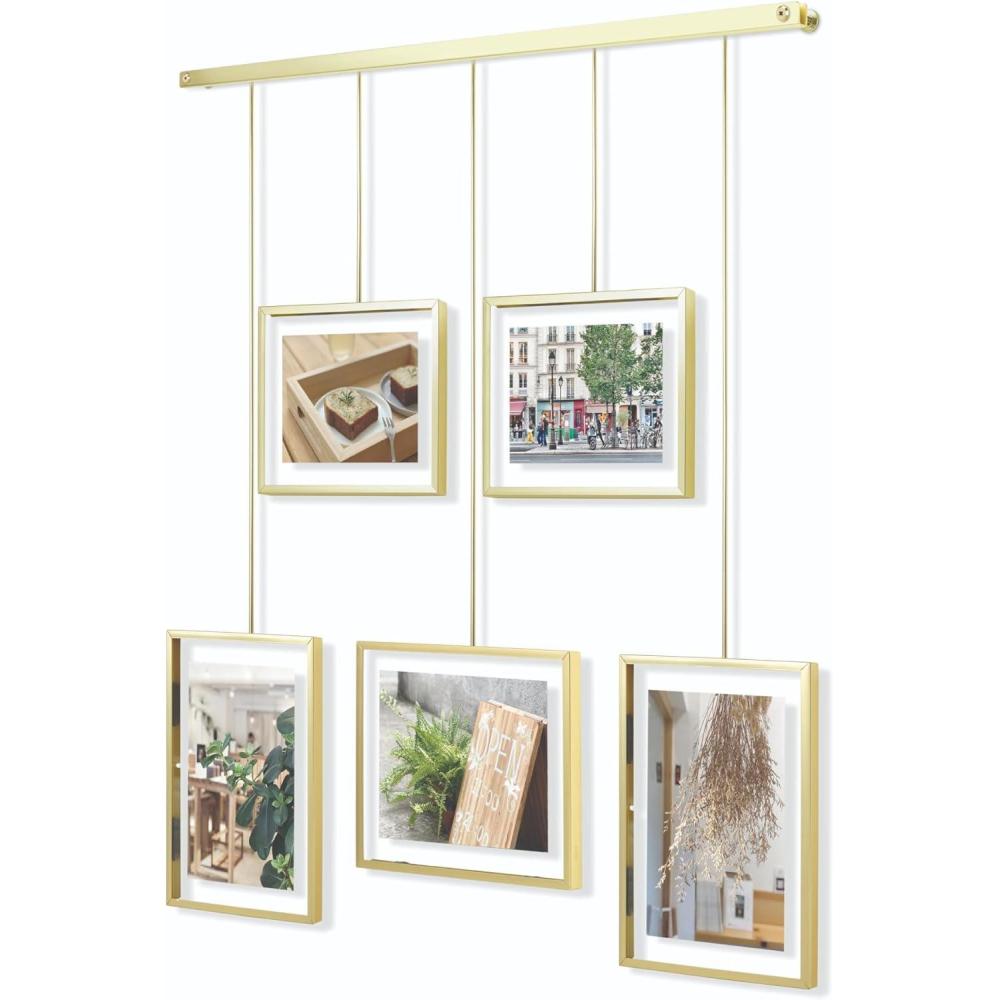 image:imageUmbra Exhibit Picture Frame Gallery Set Adjustable Wall Collage Displays Five Photos Two 4x6 and Three 5x7 Set of 5 GoldPack of 5