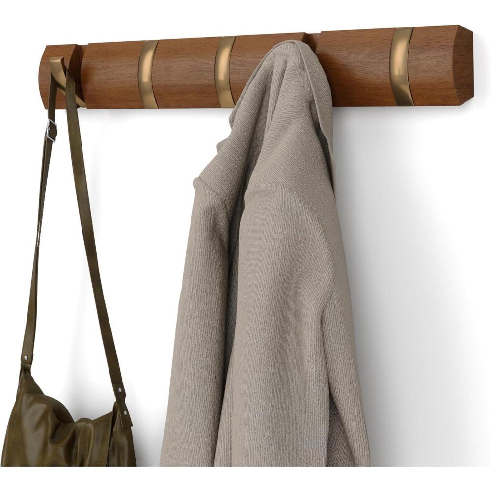 image:imageUmbra Flip WallMounted Coat Rack with 3 Hooks  Modern SpaceSaving Storage for Hats Jackets Bags Entryway Mudroom Closet Bathroom Bedroom  NaturalNickelWalnutGold