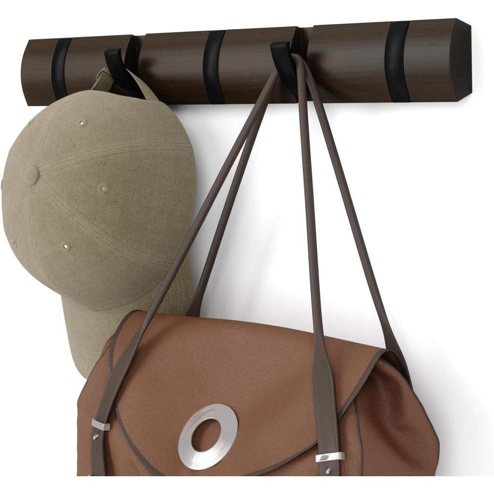 image:imageUmbra Flip WallMounted Coat Rack with 3 Hooks Modern SpaceSaving Storage for Hats Jackets Bags Entryway Mudroom Closet Bathroom Bedroom NaturalNickelWalnutBlack