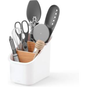 Umbra Bellwood Utensil Holder Kitchen Storage Organizer with Removeable Dividers, White/Natural(White/Natural)