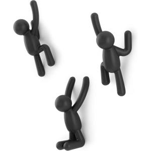 Umbra Buddy Wall Hooks – Decorative Wall Mounted Coat Hooks for Hanging Coats, Scarves, Bags, Purses, Backpacks, Towels and More, Set of 3, White(Black)