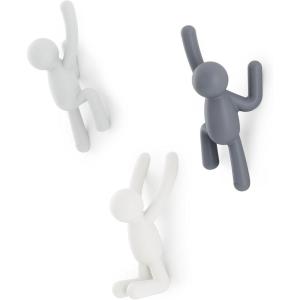 Umbra Buddy Wall Hooks – Decorative Wall Mounted Coat Hooks for Hanging Coats, Scarves, Bags, Purses, Backpacks, Towels and More, Set of 3, White(Gray)