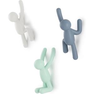 Umbra Buddy Wall Hooks – Decorative Wall Mounted Coat Hooks for Hanging Coats, Scarves, Bags, Purses, Backpacks, Towels and More, Set of 3, White(White/Mint/Blue)