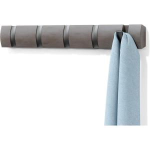 Umbra Flip Wall-Mounted Coat Rack with 3 Hooks – Modern, Space-Saving Storage for Hats, Jackets, Bags, Entryway, Mudroom, Closet, Bathroom, Bedroom – Natural/Nickel(Grey/Pewter)
