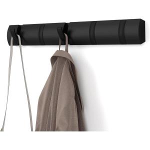 Umbra Flip Wall-Mounted Coat Rack with 3 Hooks – Modern, Space-Saving Storage for Hats, Jackets, Bags, Entryway, Mudroom, Closet, Bathroom, Bedroom – Natural/Nickel(Black/Black)