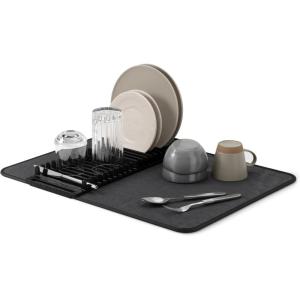 Umbra UDRY Rack and Microfiber Dish Drying Mat-Space-Saving Lightweight Design Folds Up for Easy Storage, Mini, Charcoal(Black)