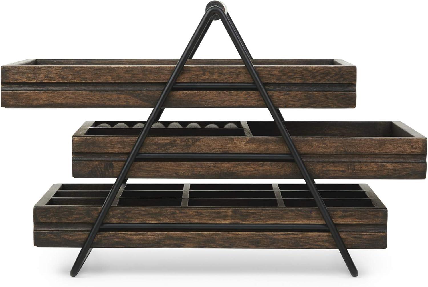 image:imageUmbra 1004037048 Terrace Jewelry Tray ThreeTier Jewelry Tray With Three Sliding Linen Lined Wood Trays With Metal Frame and Handle Easy Storage and Access BlackWalnut Finish7 x 10 x 8 inches