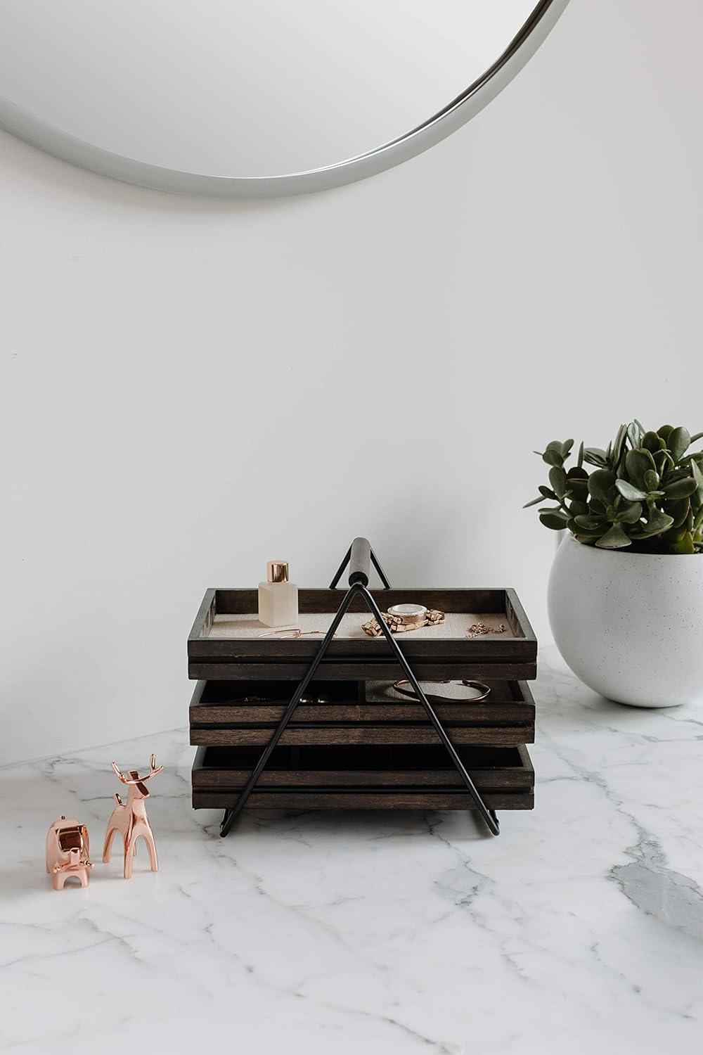 image:imageUmbra 1004037048 Terrace Jewelry Tray ThreeTier Jewelry Tray With Three Sliding Linen Lined Wood Trays With Metal Frame and Handle Easy Storage and Access BlackWalnut Finish7 x 10 x 8 inches