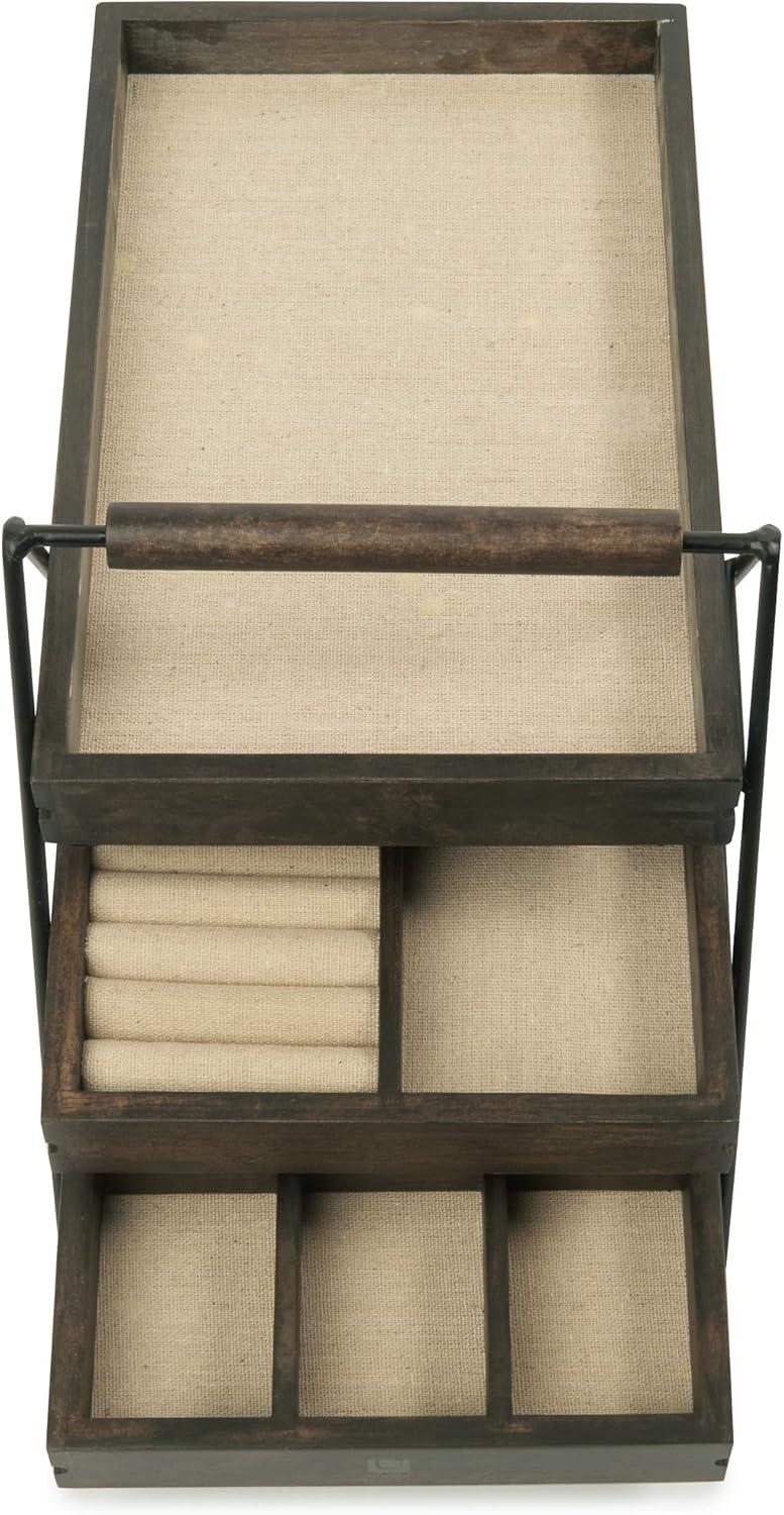 image:imageUmbra 1004037048 Terrace Jewelry Tray ThreeTier Jewelry Tray With Three Sliding Linen Lined Wood Trays With Metal Frame and Handle Easy Storage and Access BlackWalnut Finish7 x 10 x 8 inches