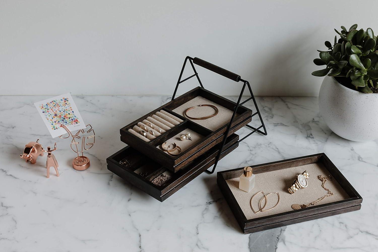 image:imageUmbra 1004037048 Terrace Jewelry Tray ThreeTier Jewelry Tray With Three Sliding Linen Lined Wood Trays With Metal Frame and Handle Easy Storage and Access BlackWalnut Finish7 x 10 x 8 inches