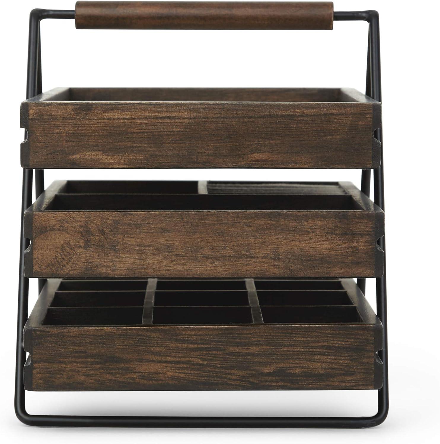 image:imageUmbra 1004037048 Terrace Jewelry Tray ThreeTier Jewelry Tray With Three Sliding Linen Lined Wood Trays With Metal Frame and Handle Easy Storage and Access BlackWalnut Finish7 x 10 x 8 inches