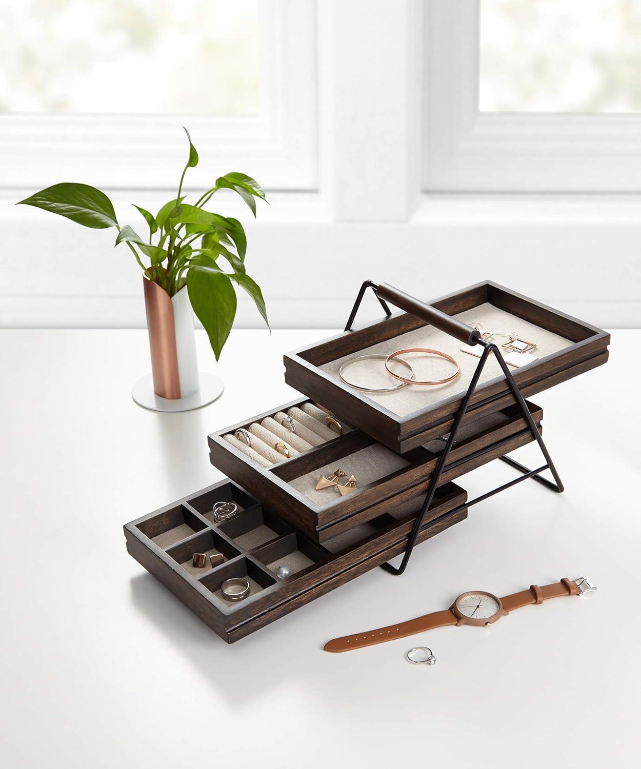 image:imageUmbra 1004037048 Terrace Jewelry Tray ThreeTier Jewelry Tray With Three Sliding Linen Lined Wood Trays With Metal Frame and Handle Easy Storage and Access BlackWalnut Finish7 x 10 x 8 inches