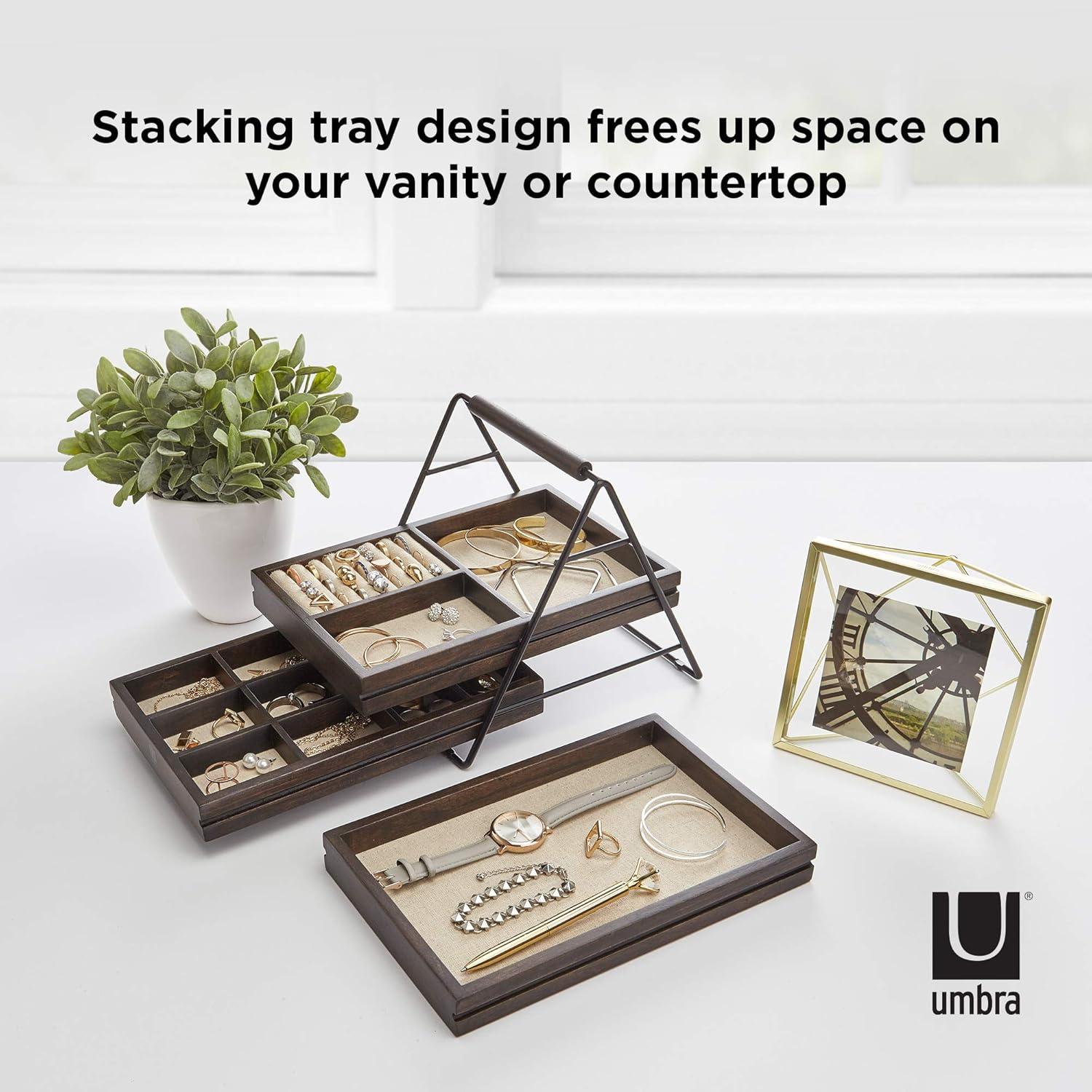 image:imageUmbra 1004037048 Terrace Jewelry Tray ThreeTier Jewelry Tray With Three Sliding Linen Lined Wood Trays With Metal Frame and Handle Easy Storage and Access BlackWalnut Finish7 x 10 x 8 inches