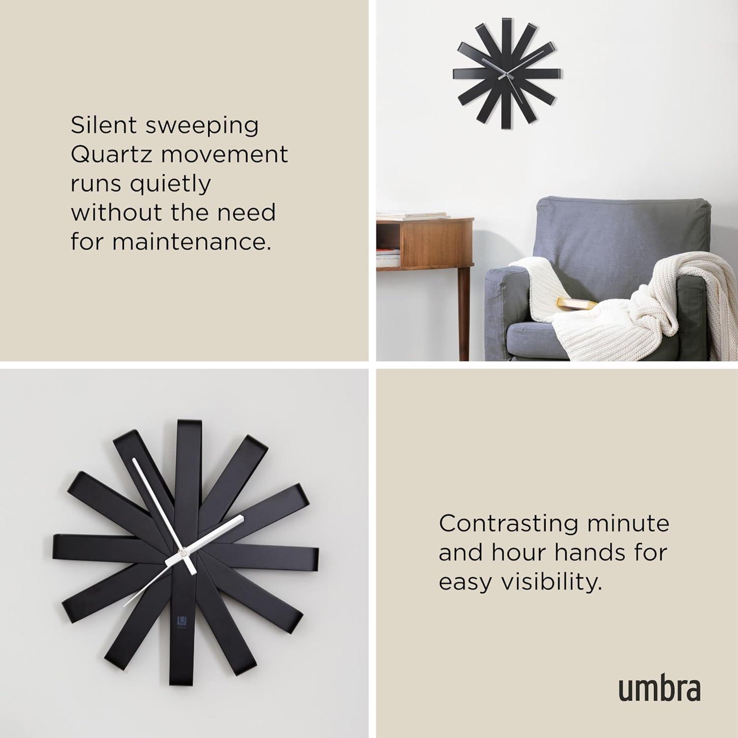 image:imageUmbra 118070040 Ribbon Modern 12inch Battery Operated Quartz Movement Silent Non Ticking Wall Clock BlackBlack