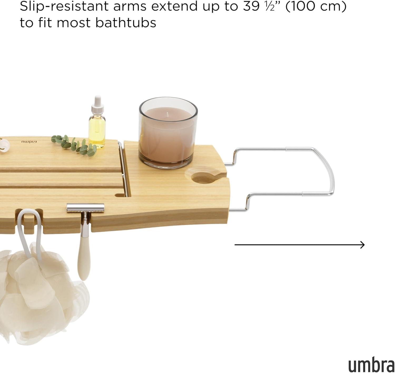 image:imageUmbra Aquala Bathtub Tray Extendable Caddy with Book Stand and Wine Glass Holder NaturalNatural
