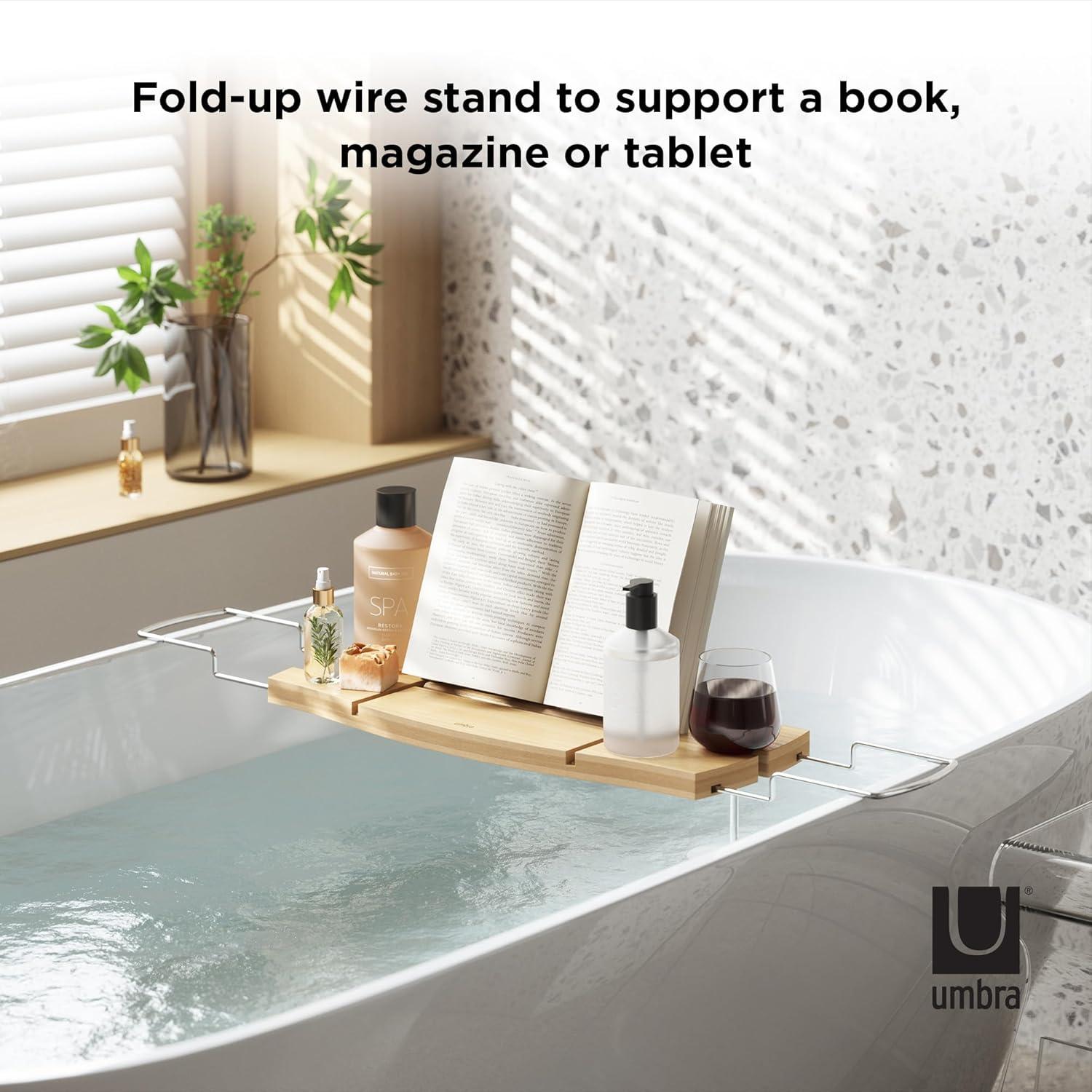 image:imageUmbra Aquala Bathtub Tray Extendable Caddy with Book Stand and Wine Glass Holder NaturalNatural