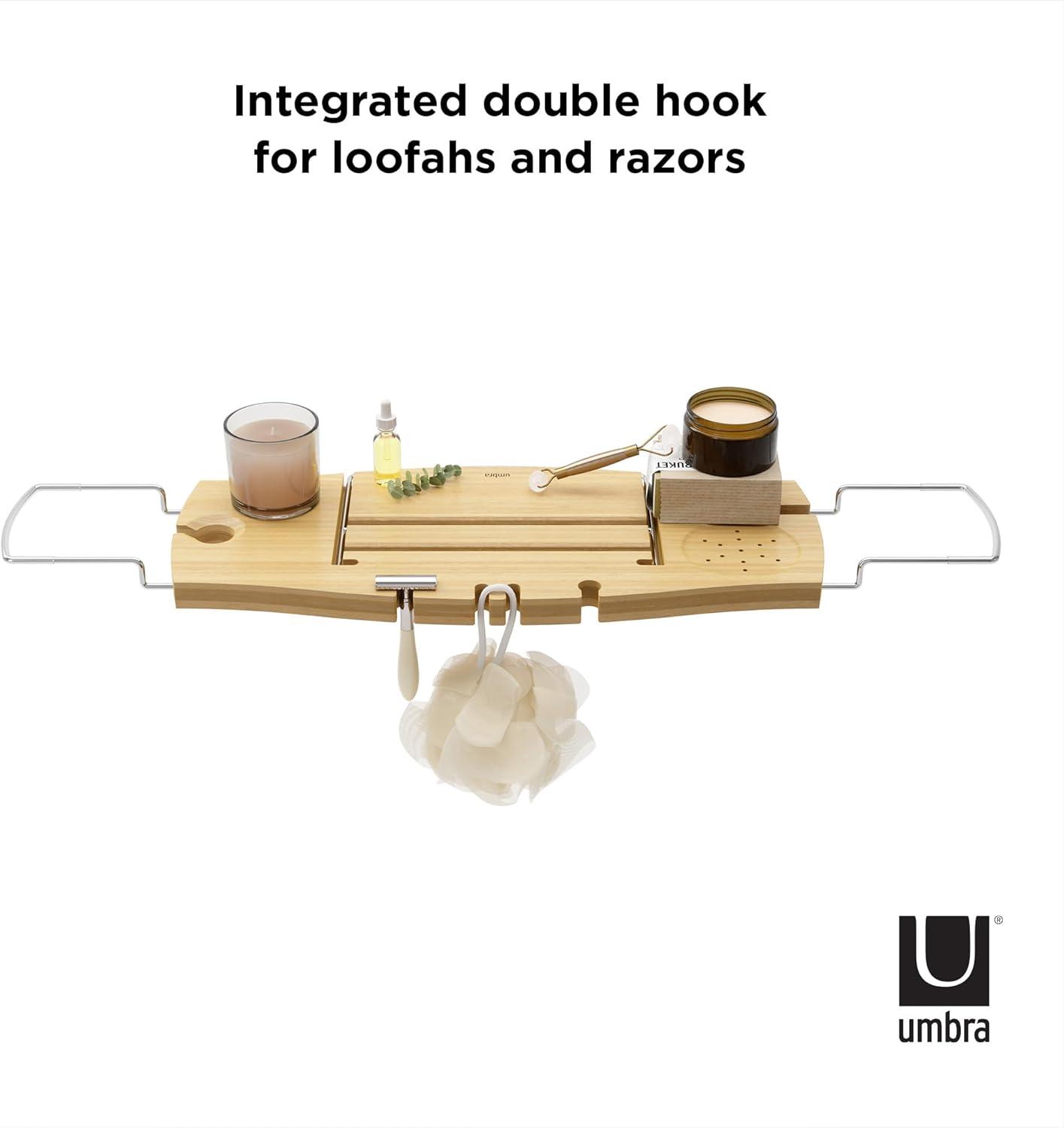 image:imageUmbra Aquala Bathtub Tray Extendable Caddy with Book Stand and Wine Glass Holder NaturalNatural