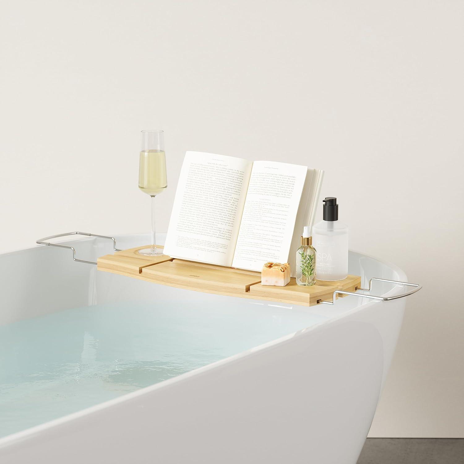 image:imageUmbra Aquala Bathtub Tray Extendable Caddy with Book Stand and Wine Glass Holder NaturalNatural