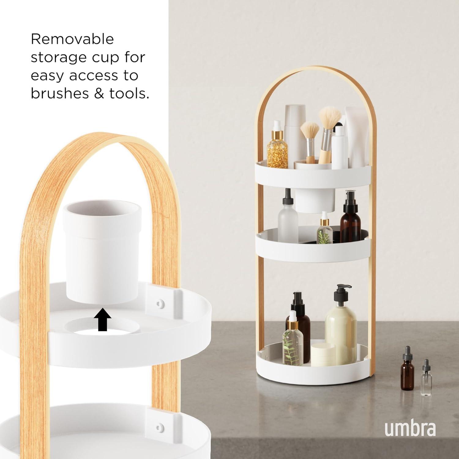 image:imageUmbra Bellwood Caddy Organizer for Makeup and Cosmetics Durable Rotating Container with Wooden Handle Large WhiteNaturalWhiteNatural
