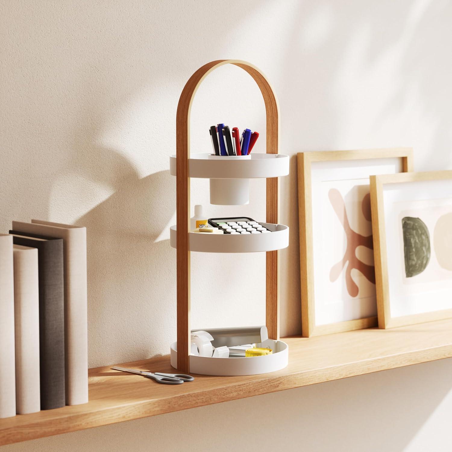 image:imageUmbra Bellwood Caddy Organizer for Makeup and Cosmetics Durable Rotating Container with Wooden Handle Large WhiteNaturalWhiteNatural