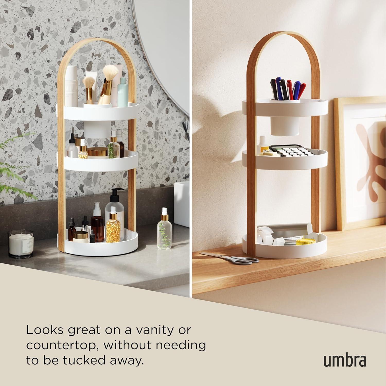 image:imageUmbra Bellwood Caddy Organizer for Makeup and Cosmetics Durable Rotating Container with Wooden Handle Large WhiteNaturalWhiteNatural