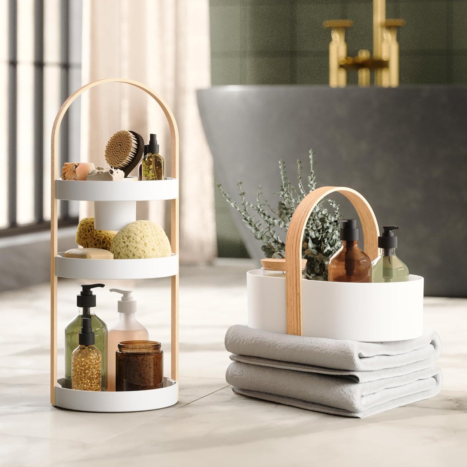 image:imageUmbra Bellwood Caddy Organizer for Makeup and Cosmetics Durable Rotating Container with Wooden Handle Large WhiteNaturalWhiteNatural