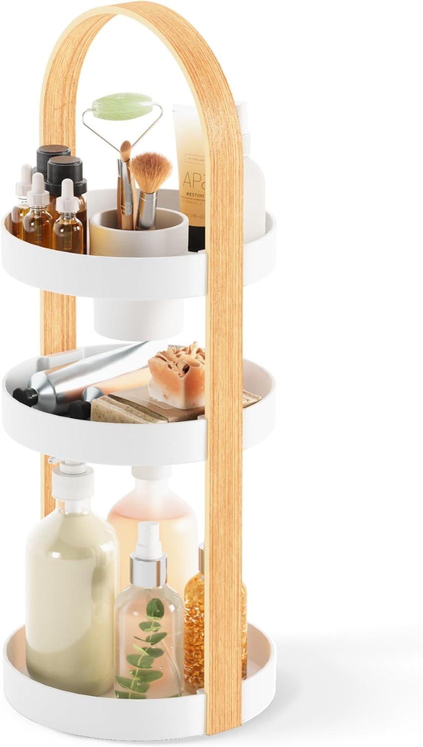 image:imageUmbra Bellwood Caddy Organizer for Makeup and Cosmetics Durable Rotating Container with Wooden Handle Large WhiteNaturalWhiteNatural