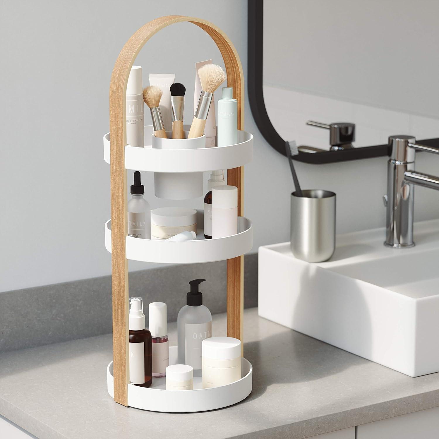 image:imageUmbra Bellwood Caddy Organizer for Makeup and Cosmetics Durable Rotating Container with Wooden Handle Large WhiteNaturalWhiteNatural