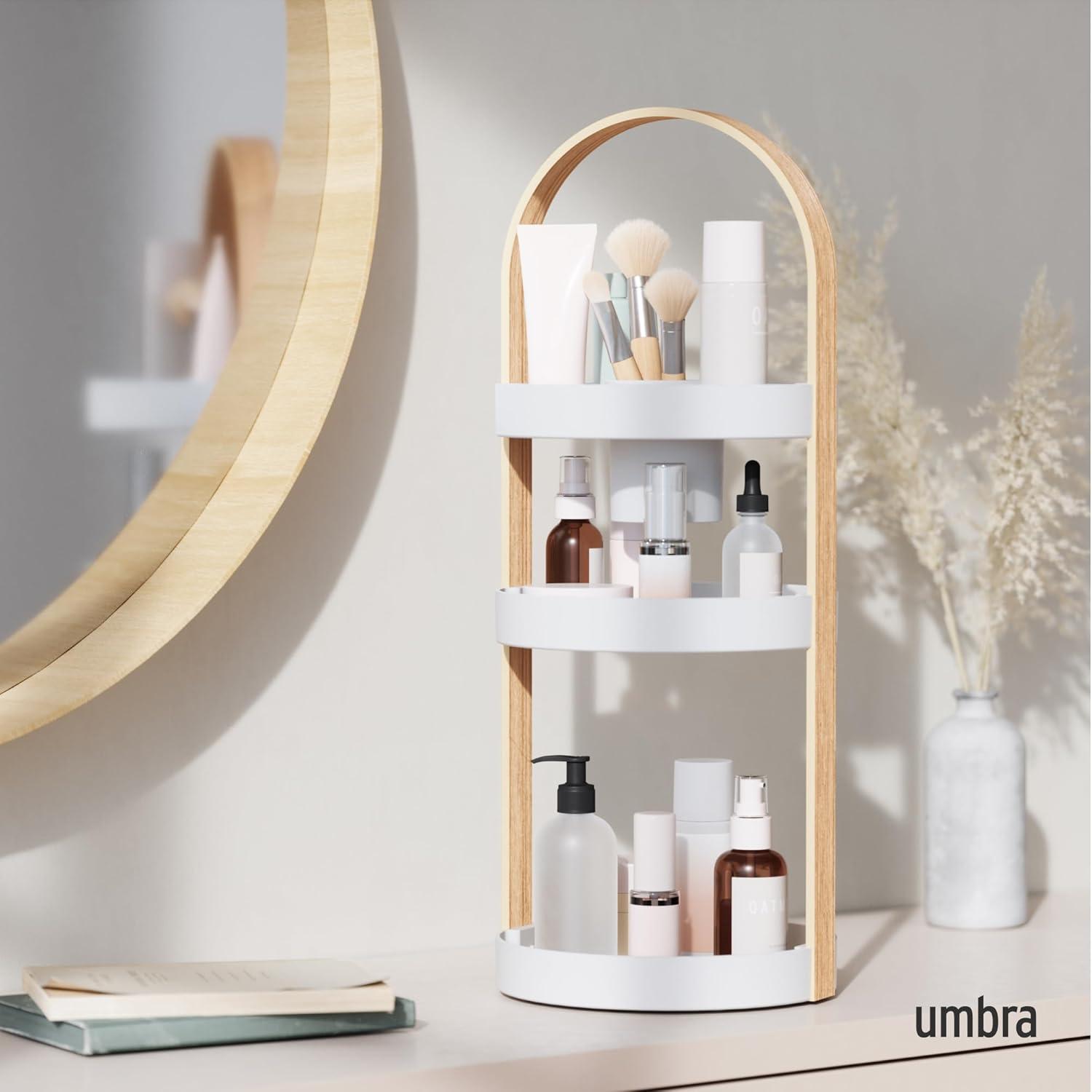 image:imageUmbra Bellwood Caddy Organizer for Makeup and Cosmetics Durable Rotating Container with Wooden Handle Large WhiteNaturalWhiteNatural