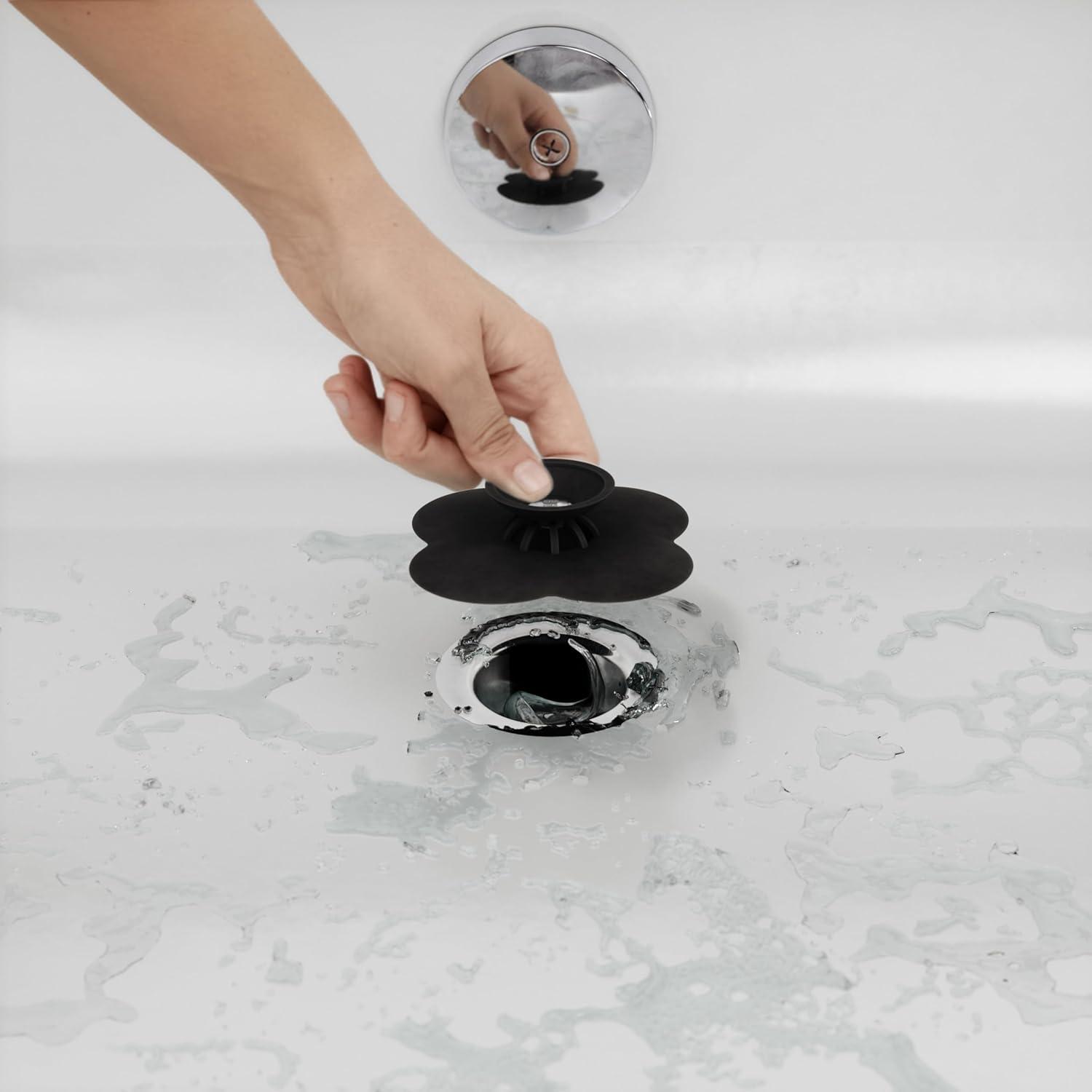 image:imageUmbra Bloom Drain Stop and Hair Catcher Dual Purpose Bathtub Drain Strainer and Stopper with Decorative Floral Design AntiClog Bathroom Accessory for Tubs and Showers SurfBlack