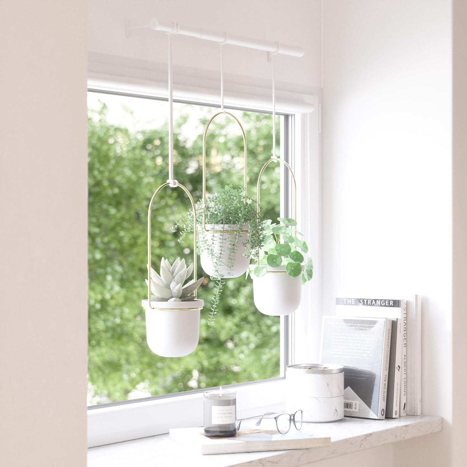image:imageUmbra Triflora Hanging Planter for Window Indoor Herb Garden Set of 3 WhiteBrassWhiteBrass