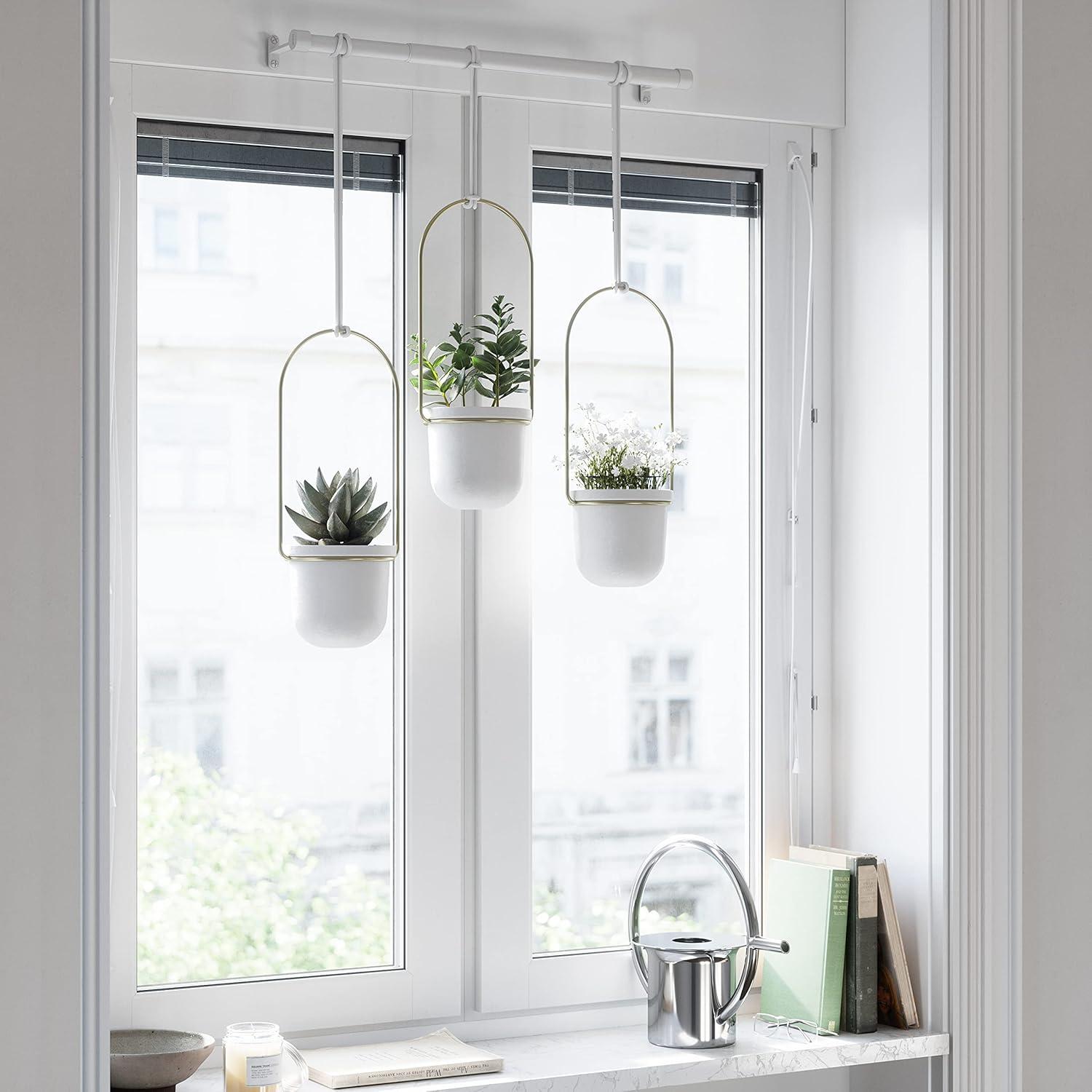 image:imageUmbra Triflora Hanging Planter for Window Indoor Herb Garden Set of 3 WhiteBrassWhiteBrass